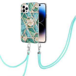 For iPhone 14 Pro Max Electroplating Splicing Marble Flower Pattern TPU Shockproof Case with Lanyard (Blue Flower)