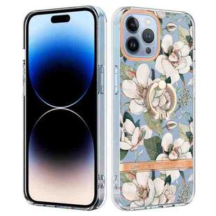 For iPhone 14 Pro Max Ring IMD Flowers TPU Phone Case (Green Gardenia)