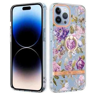 For iPhone 14 Pro Max Ring IMD Flowers TPU Phone Case (Purple Peony)