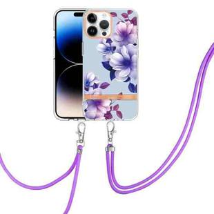 For iPhone 14 Pro Flowers and Plants Series IMD TPU Phone Case with Lanyard(Purple Begonia)