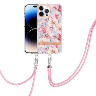 For iPhone 14 Pro Max Flowers and Plants Series IMD TPU Phone Case with Lanyard (Pink Gardenia)