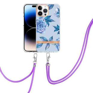 For iPhone 14 Pro Max Flowers and Plants Series IMD TPU Phone Case with Lanyard (Blue Peony)