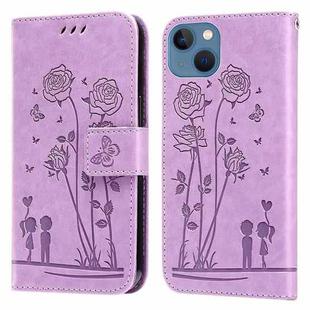 For iPhone 14 Embossing Rose Couple Leather Phone Case (Purple)