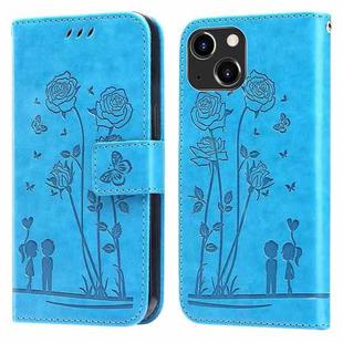 For iPhone 14 Plus Embossing Rose Couple Leather Phone Case (Blue)