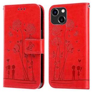 For iPhone 14 Plus Embossing Rose Couple Leather Phone Case (Red)
