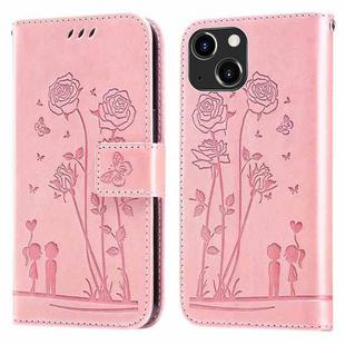 For iPhone 14 Plus Embossing Rose Couple Leather Phone Case (Pink)