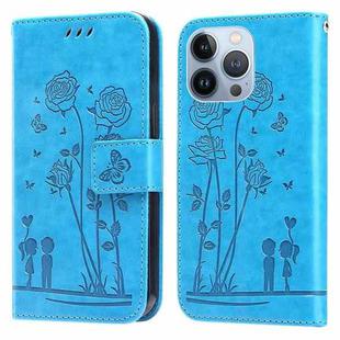 For iPhone 14 Pro Embossing Rose Couple Leather Phone Case(Blue)