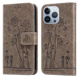 For iPhone 14 Pro Embossing Rose Couple Leather Phone Case(Grey)