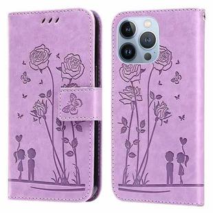 For iPhone 14 Pro Max Embossing Rose Couple Leather Phone Case (Purple)