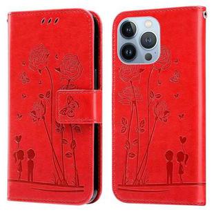 For iPhone 14 Pro Max Embossing Rose Couple Leather Phone Case (Red)