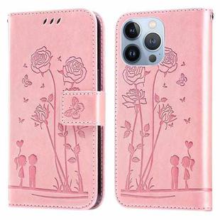 For iPhone 14 Pro Max Embossing Rose Couple Leather Phone Case (Pink)