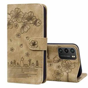 For Xiaomi Poco M3 / Redmi 9T Global Cartoon Sakura Cat Embossed Leather Phone Case(Brown)