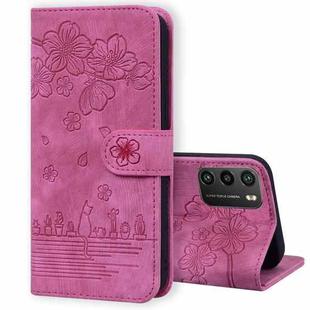 For Xiaomi Poco M3 / Redmi 9T Global Cartoon Sakura Cat Embossed Leather Phone Case(Rose Red)