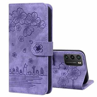 For Xiaomi Poco M3 / Redmi 9T Global Cartoon Sakura Cat Embossed Leather Phone Case(Purple)