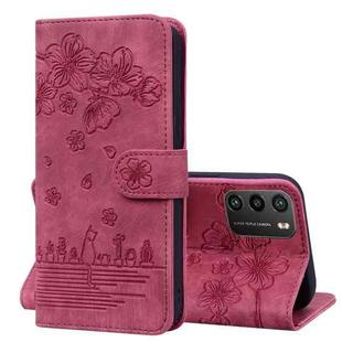 For Xiaomi Poco M3 / Redmi 9T Global Cartoon Sakura Cat Embossed Leather Phone Case(Wine Red)