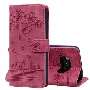 For Xiaomi Poco X3 / X3 NFC Cartoon Sakura Cat Embossed Leather Phone Case(Wine Red)
