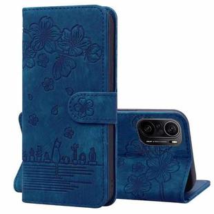 For Xiaomi Redmi K40 / K40 Pro / Poco F3 / Mi 11i  Cartoon Sakura Cat Embossed Leather Phone Case(Royal Blue)