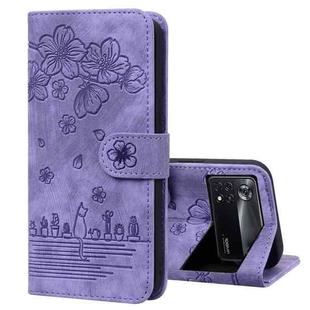 For Xiaomi Poco M4 Pro 5G Global Cartoon Sakura Cat Embossed Leather Phone Case(Purple)