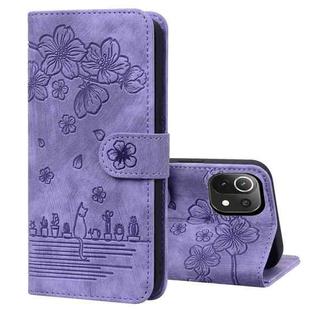 For Xiaomi Mi 11 Lite 4G / 5G Cartoon Sakura Cat Embossed Leather Phone Case(Purple)