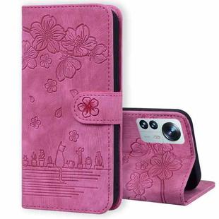 For Xiaomi 12 Pro / 12S Pro Cartoon Sakura Cat Embossed Leather Phone Case(Rose Red)