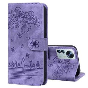 For Xiaomi 12 Pro / 12S Pro Cartoon Sakura Cat Embossed Leather Phone Case(Purple)