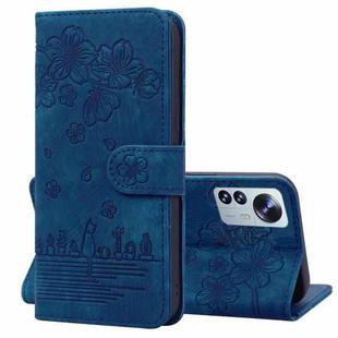 For Xiaomi 12 / 12S / 12X Cartoon Sakura Cat Embossed Leather Phone Case(Royal Blue)