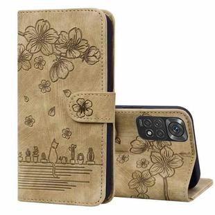 For Xiaomi Redmi Note 11 / Note 11S Global Cartoon Sakura Cat Embossed Leather Phone Case(Brown)