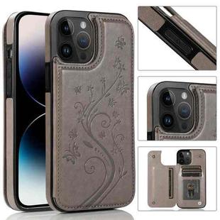 For iPhone 14 Pro Max Butterflies Flowers Double Buckle Case (Grey)