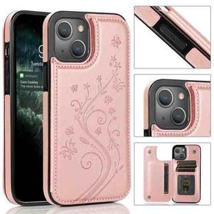 For iPhone 14 Plus Butterflies Flowers Double Buckle Case (Rose Gold)