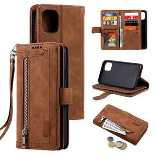 For iPhone 14 Pro Max 9 Card Slots Zipper Bag Leather Case (Brown)