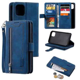 For iPhone 14 Pro Max 9 Card Slots Zipper Bag Leather Case (Blue)