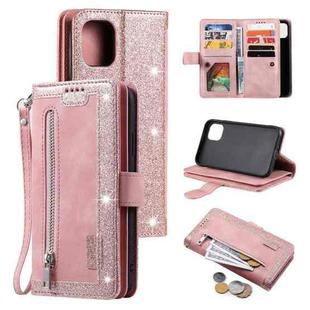 For iPhone 14 Pro Max 9 Card Slots Zipper Bag Leather Case (Pink)