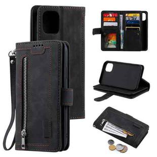 For iPhone 14 9 Card Slots Zipper Bag Leather Case (Black)