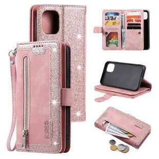 For iPhone 14 Plus 9 Card Slots Zipper Bag Leather Case (Pink)