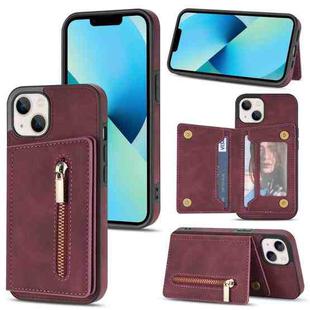 For iPhone 14 Plus Zipper Card Holder Phone Case (Wine Red)