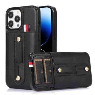 For iPhone 14 Pro Max Wristband Kickstand Wallet Leather Phone Case (Black)