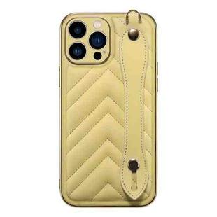 D03 PU Leather Electroplated Phone Case with Wrist Strap For iPhone 13(Yellow)