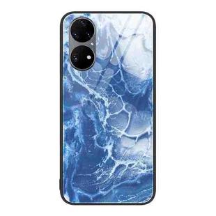 For Huawei P50 Pro Marble Pattern Glass Protective Phone Case(Blue Ocean)