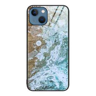 For iPhone 13 Marble Pattern Glass Protective Phone Case(Beach)