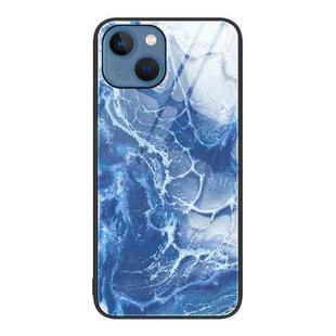 For iPhone 14 Plus Marble Pattern Glass Protective Phone Case (Blue Ocean)