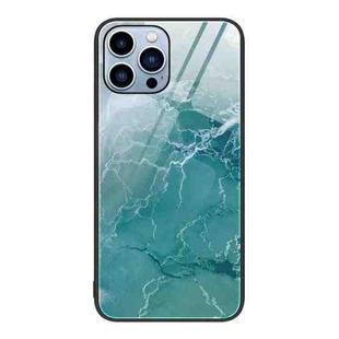 For iPhone 14 Pro Max Marble Pattern Glass Protective Phone Case (Green Ocean)