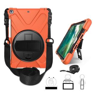 For iPad 9.7 (2018) & (2017) 360 Degree Rotation Silicone Protective Cover with Holder & Hand Strap & Long Strap & Pencil Slot(Orange)