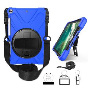For iPad 9.7 (2018) & (2017) 360 Degree Rotation Silicone Protective Cover with Holder & Hand Strap & Long Strap & Pencil Slot(Blue)