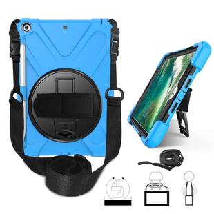 For iPad 9.7 (2018) & (2017) 360 Degree Rotation Silicone Protective Cover with Holder & Hand Strap & Long Strap & Pencil Slot(Light Blue)