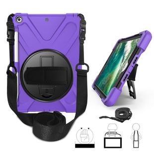 For iPad 9.7 (2018) & (2017) 360 Degree Rotation Silicone Protective Cover with Holder & Hand Strap & Long Strap & Pencil Slot(Purple)