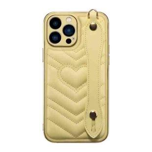 For iPhone 13 Pro Max D03 Heart PU Electroplated Phone Case with Wrist Strap (Yellow)