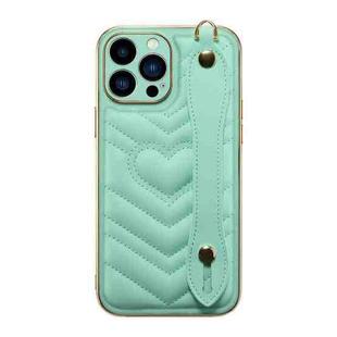 For iPhone 13 Pro Max D03 Heart PU Electroplated Phone Case with Wrist Strap (Light Green)