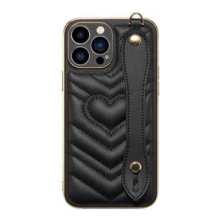 For iPhone 13 Pro Max D03 Heart PU Electroplated Phone Case with Wrist Strap (Black)