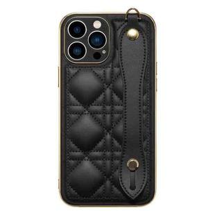 D03 Grid PU Electroplated Phone Case with Wrist Strap For iPhone 13(Black)