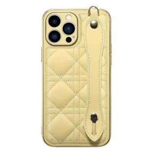 D03 Grid PU Electroplated Phone Case with Wrist Strap For iPhone 13 Pro Max(Yellow)